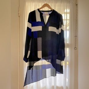 Chico’s Flowy Asymmetrical Womens Blouse Size L Blue and Black color blocking